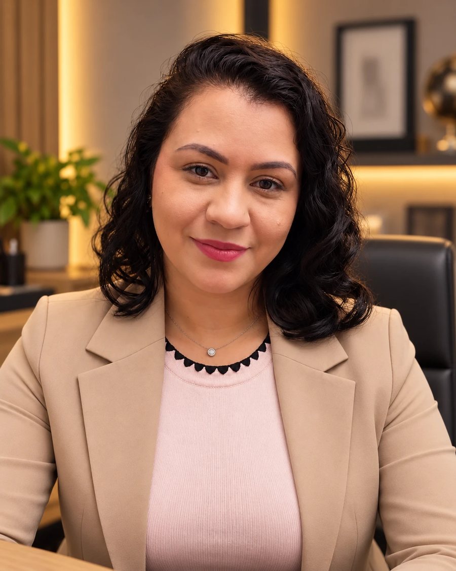 Thaís Siqueira, analista fiscal, sorrindo em seu escritório